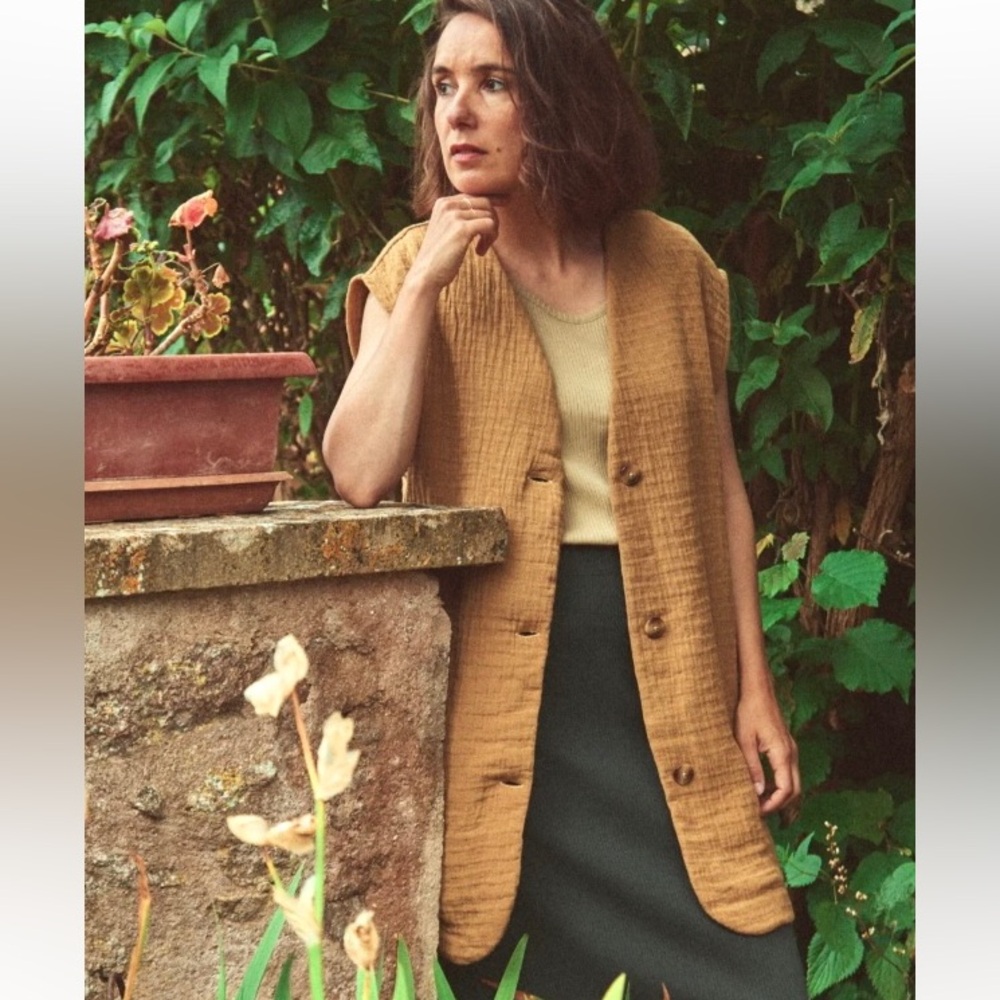Poudre Organic Cotton Ginkgo Quilted Long Vest Jacket w/ pockets Dijon Gold Tan